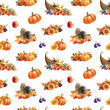 Thanksgiving decor seamless pattern. Watercolor illustration. Autumn floral festive decor from pumpkins, cornucopia, fallen bright leaves, fruit, turkey. Thanksgiving vintage style seamless pattern