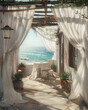 Mediterranean patio with white curtains looking over a beach, table and chairs.