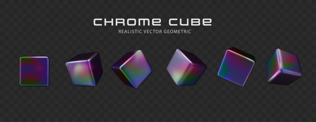 Canvas Print - 3d metal cube with iridescent chrome effect isolated on dark background. realistic holographic metal