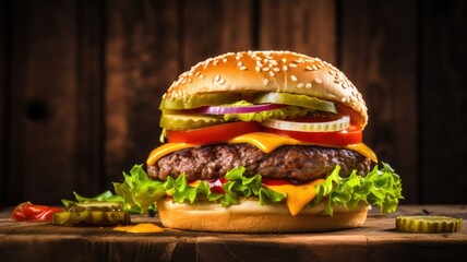 A double cheeseburger with pickles, onions, and cheddar on a sesame seed bun.