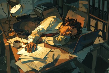 Overworked Hispanic male in late 20s resting at a messy desk full of papers with laptop