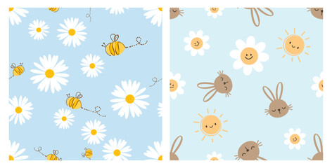 Canvas Print - Seamless pattern with daisy flower, bee cartoons, bunny rabbit and sun cartoons on blue and blue mint backgrounds vector, Cute childish prints.