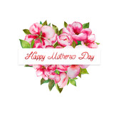 Fototapeta  - Colorful Mother's day heart with pink blossom and green leaves