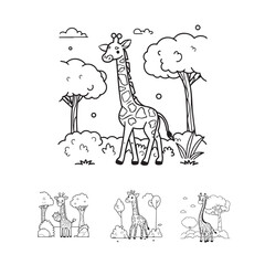 Vector illustration of cute giraffe outline coloring page for kids