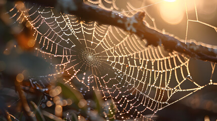 Wall Mural - A close-up shot of a dew-covered spider web glistening in the soft morning light, capturing the intricate details and delicate beauty of nature's architecture
