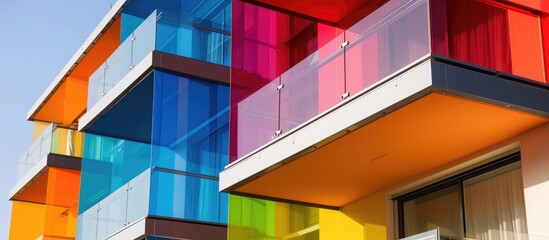 Modern architecture details featuring a bright, colored glass partition on the balcony.