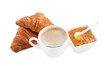 Fresh croissants, jam and coffee isolated on white. Tasty breakfast
