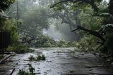 Fototapeta Desenie - Hurricane-force winds sweep through the neighborhood, uprooting trees and scattering debris.