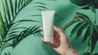 © Michela - Mano di donna mostra confezione di crema. Sfondo azzurro con foglie verdi