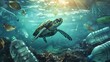 Tartaruga nuota nel mare inquinato da bottiglie di plastica