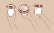 Vector hand drawn vintage sketchy illustration set of hands holding disposable paper coffee takeaway cup