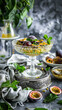 A beautifully presented fruit salad with passion fruit in an ornate crystal bowl, surrounded by fresh ingredients and elegant decor. Stories template, phone background