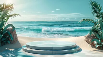 Wall Mural - Beach podium summer background sand product 3D sea display platform. Beach podium summer banner stand scene sale sky holiday vacation stage water island sun travel pedestal promotion presentation ad