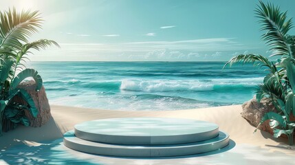 Sticker - Beach podium summer background sand product 3D sea display platform. Beach podium summer banner stand scene sale sky holiday vacation stage water island sun travel pedestal promotion presentation ad