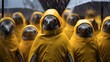 Aptenodytes patagonicus King Penguin chicks in a creche during a rainy day. .
