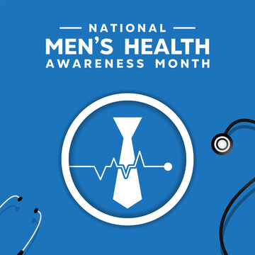 National Mens Health Awareness Month. Tie and Stethoscope. Great for cards, banners, posters, social media and more. Blue background. 