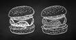 Chalk drawing of burger sandwich fast food meal with cutlet and cheese. Vector illustration on chalkboard background.