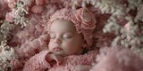 Fototapeta Kwiaty - Newborn sleeping girl in pink clothes with flowers. Generative AI