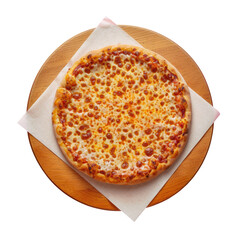 Wall Mural - Cheese pizza on a wooden plate on a transparent