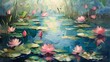 Oil painting features Pink Lotus flowers in the pond traditional chinoiserie, wall art, digital art prints, painting, home decor, textured art