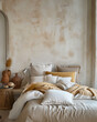 elegant bed in boho style, neutral and ochra color, mediterranean style