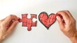 Two hands connecting puzzle piece with heart drawing to complete love concept. Hand-drawn, creativity and connection. Ideal for relationship and valentine themes. AI