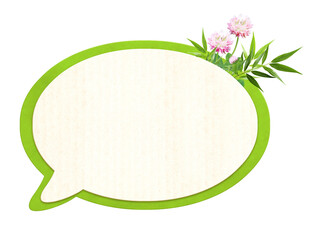Wall Mural - Comic speech bubble from recycled material, flower and leaves. Sustainable development of strategy approach to zero waste, responsible consumption. Eco-friendly concept. Isolated on white background