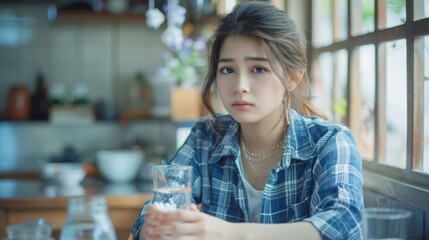 Wall Mural - A woman sitting at a table with her hand on the glass, AI