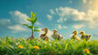 A group of fluffy ducklings following each other in a line near a young plant sprouting from soil, with a sunny blue sky in the backdrop.