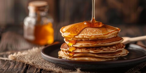 Appetizing Pancakes with honey on the table, delicious sweet breakfast, Generative AI