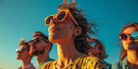 Wall Mural - group of people looking at the blue sky with glasses on 