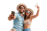 Fototapeta  - Happy young couple taking a selfie with a smartphone, smiling man and woman on summer vacations, isolated on transparent background, png file