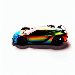 Wall Mural -  a classic sport car with bright colors on a white background. shiny automobile with rainbow colors. 3d illustration made with generative AI technology
