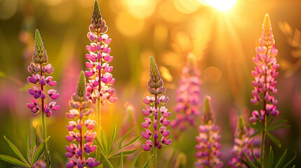 Wall Mural - Delicate pink lupins bloom on a field in sunset light.