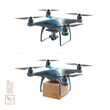3D Realistic vector quadcopter with a portable camera on a blue background, delivery of a cardboard box drone by air