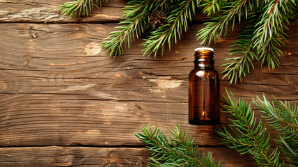 Wall Mural - cedar essential oil in a bottle. Selective focus.