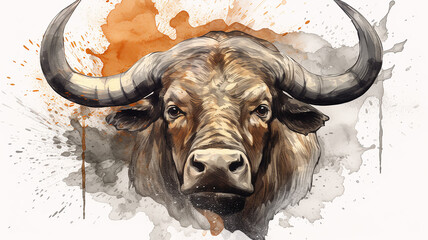 Wall Mural - bull, watercolor portrait of a buffalo, spots of liquid paint isolated on a white background