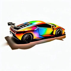 Wall Mural -  a classic sport car with bright colors on a white background. shiny automobile with rainbow colors. 3d illustration made with generative AI technology
