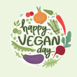 Happy Vegan Day Celebration Isolated On green background. Vector round Illustration In Flat Style.