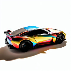 Wall Mural -  a classic sport car with bright colors on a white background. shiny automobile with rainbow colors. 3d illustration made with generative AI technology
