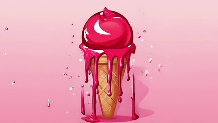 Wall Mural - A pink ice cream cone with pink drips of ice cream on it