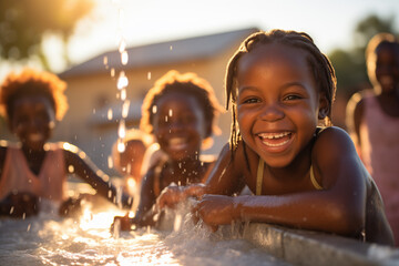 joyful african children playing with water