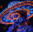 A woman adorned with glowing neon body paint and a luminous hat, set against a dark background with bokeh lights, creating a mystical and vibrant atmosphere.