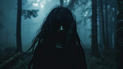 Wall Mural - Terrifying female ghost with black hair in a dark forest. silhouette concept 