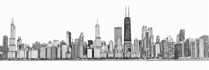 An hand drawn illustration sketch of a cityscape of a futuristic city with skyscrapers and buildings with a black pencil of white canvas, line art for architecture banner website, AI Generated.