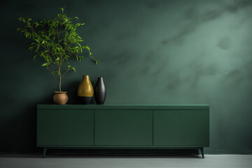 Wall Mural - Green cabinet in modern living room with plants on green wall background.