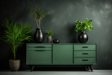 Wall Mural - Green cabinet in modern living room with plants on green wall background.