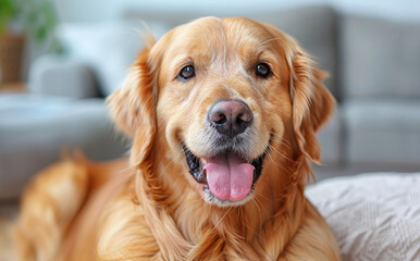 Wall Mural - Smiling golden retriever dog lying down indoors with a soft-focus background, showcasing a happy expression and relaxed demeanor.