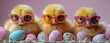 Three cute yellow ducklings wearing colorful sunglasses, surrounded by pastel-colored Easter eggs on a soft pink background. Perfect for spring and Easter themes.