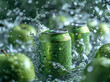 Refreshing soda can with water droplets surrounded by green apples and splashing water, depicting a fresh and invigorating concept.